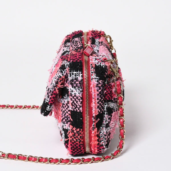 新品同様品 CHANEL シャネル ココビーチ 2WAY チェーンショルダーバッグ ツイード スパンコール ココマーク ランダム番台 ピンク ブラック ホワイト ゴールド金具 中古 4a008687