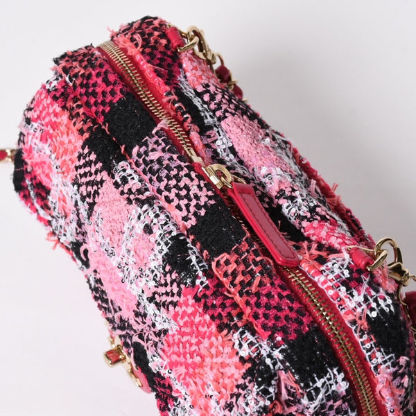 新品同様品 CHANEL シャネル ココビーチ 2WAY チェーンショルダーバッグ ツイード スパンコール ココマーク ランダム番台 ピンク ブラック ホワイト ゴールド金具 中古 4a008687