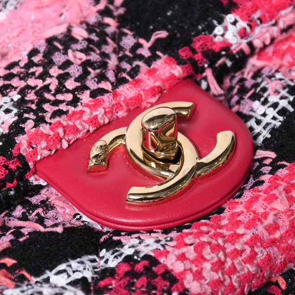 新品同様品 CHANEL シャネル ココビーチ 2WAY チェーンショルダーバッグ ツイード スパンコール ココマーク ランダム番台 ピンク ブラック ホワイト ゴールド金具 中古 4a008687