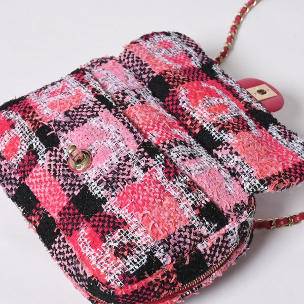 新品同様品 CHANEL シャネル ココビーチ 2WAY チェーンショルダーバッグ ツイード スパンコール ココマーク ランダム番台 ピンク ブラック ホワイト ゴールド金具 中古 4a008687