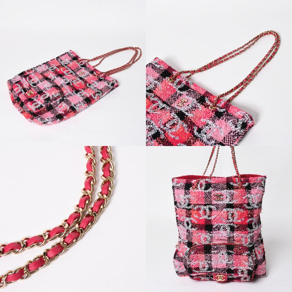 新品同様品 CHANEL シャネル ココビーチ 2WAY チェーンショルダーバッグ ツイード スパンコール ココマーク ランダム番台 ピンク ブラック ホワイト ゴールド金具 中古 4a008687