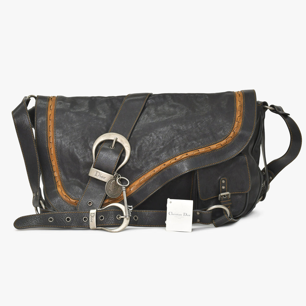 極美品 Christian Dior クリスチャンディオール ガウチョ ダブルサドルバッグ 07-MA-0066 カーフレザー ブラック ガリアーノ期 中古 4a004252