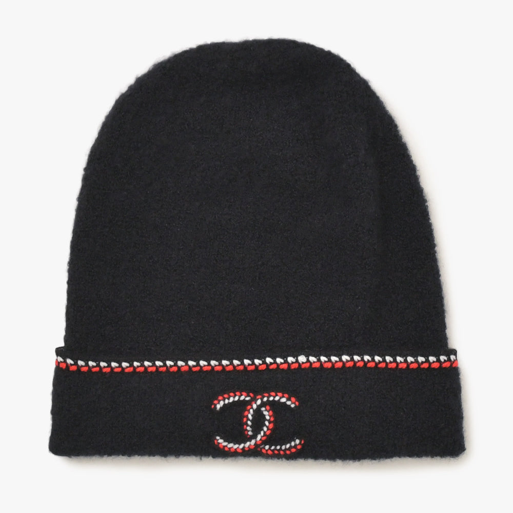 極美品 CHANEL シャネル ニット帽 ニットキャップ カシミヤ シルク ブラック レッド ホワイト 中古 4a004254