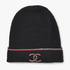 極美品 CHANEL シャネル ニット帽 ニットキャップ カシミヤ シルク ブラック レッド ホワイト 中古 4a004254