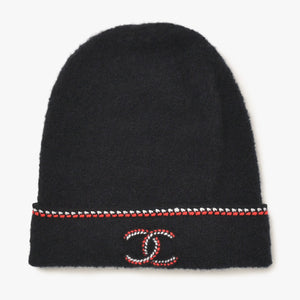 極美品 CHANEL シャネル ニット帽 ニットキャップ カシミヤ シルク ブラック レッド ホワイト 中古 4a004254