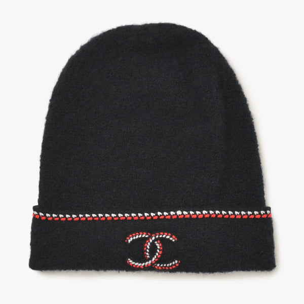 極美品 CHANEL シャネル ニット帽 ニットキャップ カシミヤ シルク ブラック レッド ホワイト 中古 4a004254