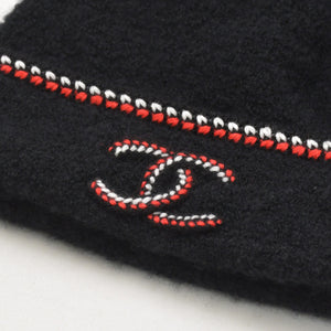 極美品 CHANEL シャネル ニット帽 ニットキャップ カシミヤ シルク ブラック レッド ホワイト 中古 4a004254