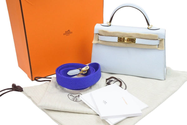 新品未使用 HERMES 2022年製 エルメス ケリーミニ２ ミニドゥ 外縫い ブルーブリュム シェーブル ゴールド金具 中古 42729