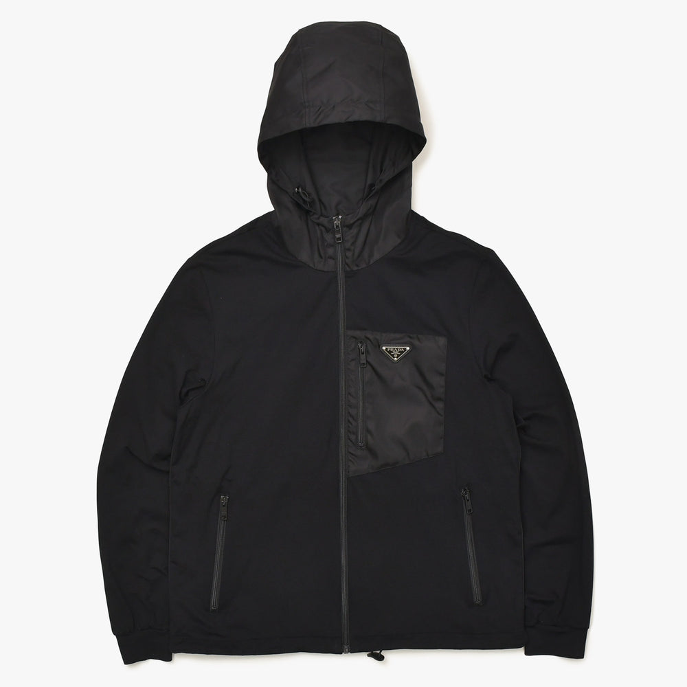 極美品 PRADA プラダ テクニカルコットン × Re-Nylon リナイロン ジップアップ パーカー UJL79A ブラック トライアングルロゴプレート Sサイズ 中古 4a004375