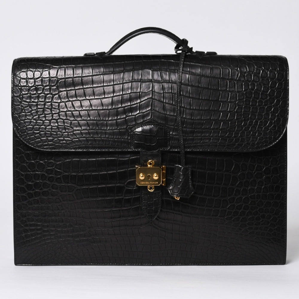Like new HERMES Sac a Depeche 38 Briefcase Porosus Matte Black Gold hardware □R stamp Used 4a000993