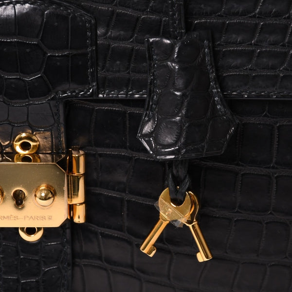 Like new HERMES Sac a Depeche 38 Briefcase Porosus Matte Black Gold hardware □R stamp Used 4a000993