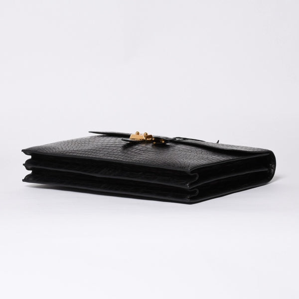 Like new HERMES Sac a Depeche 38 Briefcase Porosus Matte Black Gold hardware □R stamp Used 4a000993