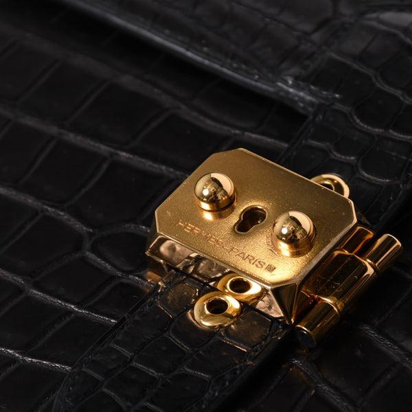 Like new HERMES Sac a Depeche 38 Briefcase Porosus Matte Black Gold hardware □R stamp Used 4a000993