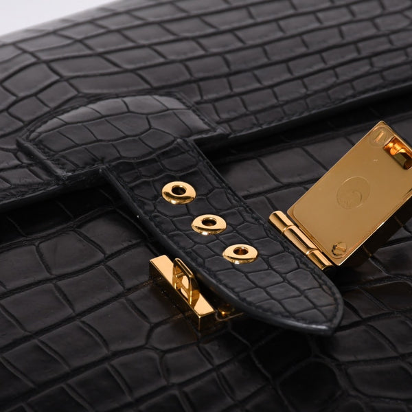 Like new HERMES Sac a Depeche 38 Briefcase Porosus Matte Black Gold hardware □R stamp Used 4a000993