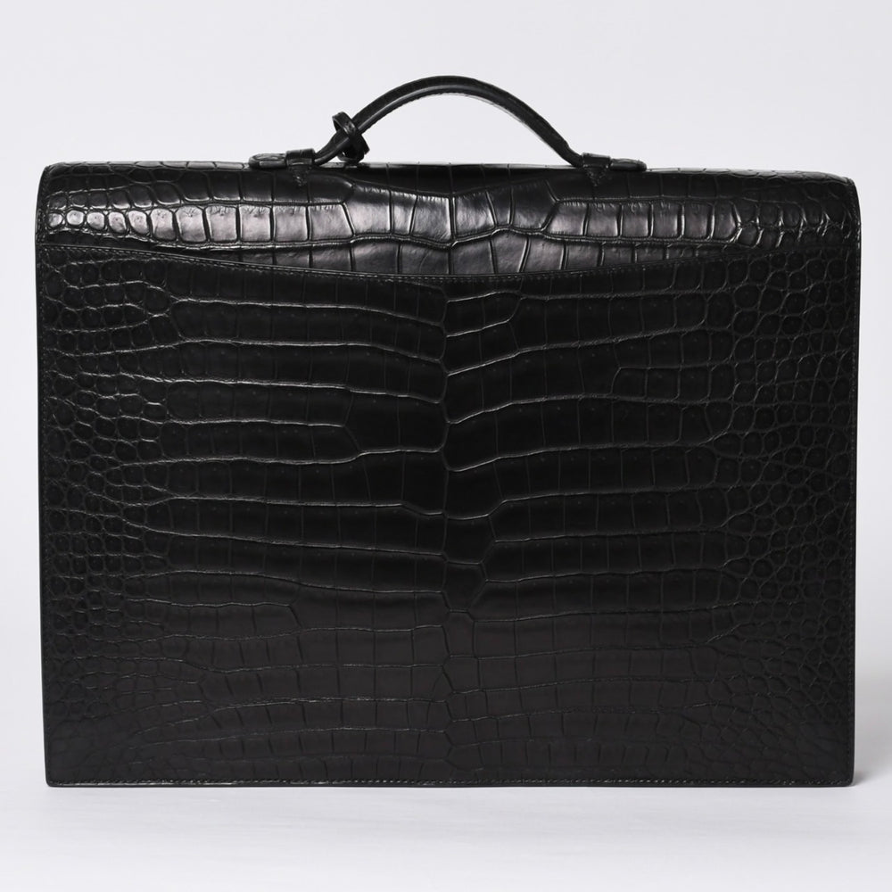 Like new HERMES Sac a Depeche 38 Briefcase Porosus Matte Black Gold hardware □R stamp Used 4a000993