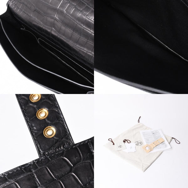 Like new HERMES Sac a Depeche 38 Briefcase Porosus Matte Black Gold hardware □R stamp Used 4a000993