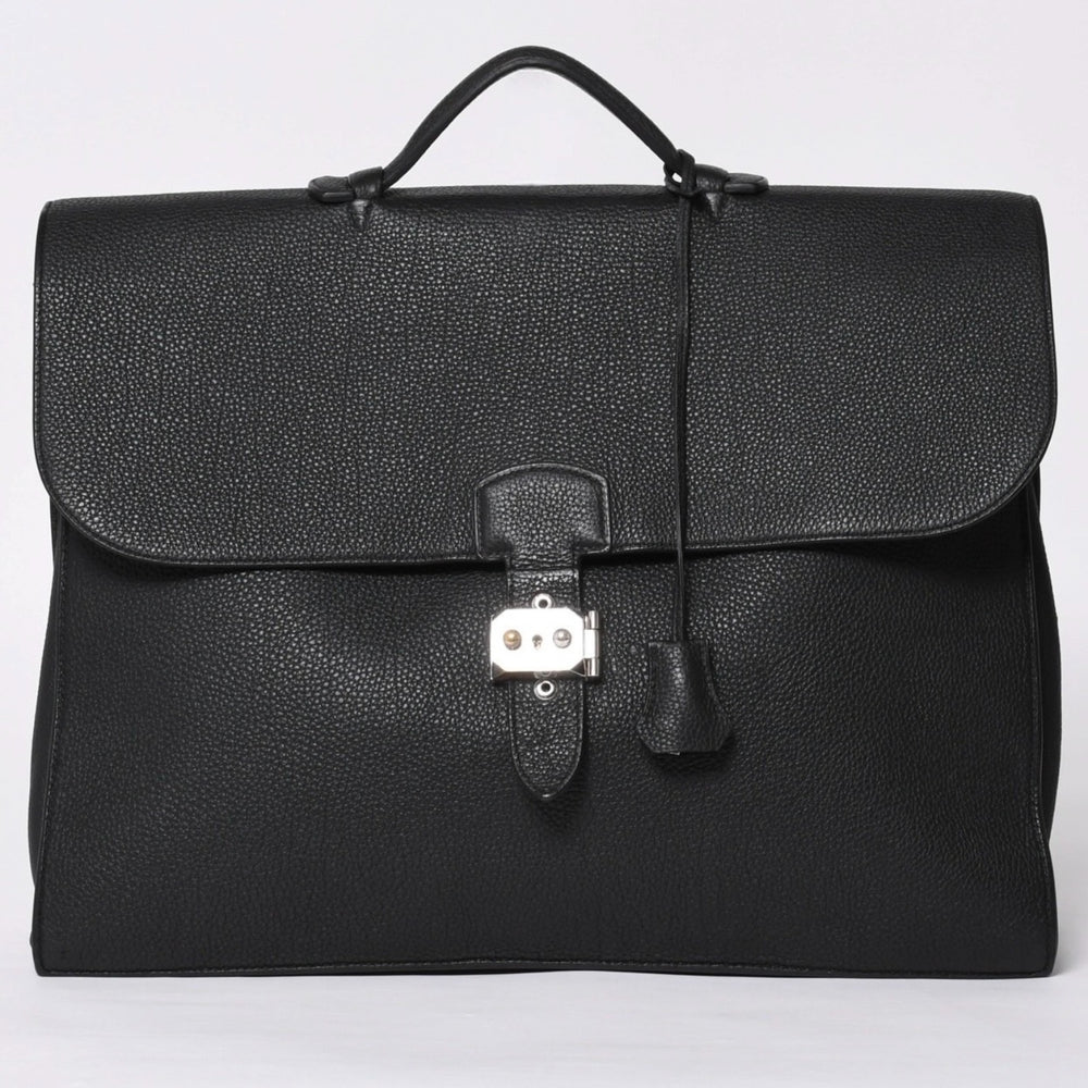 HERMES エルメス ハンドバッグ サックアデペッシュ41 □R ブラックレザー トゴ シルバー金具 中古 4a000706