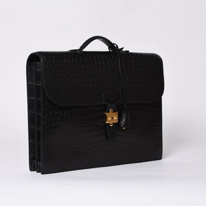 Like new HERMES Sac a Depeche 38 Briefcase Porosus Matte Black Gold hardware □R stamp Used 4a000993
