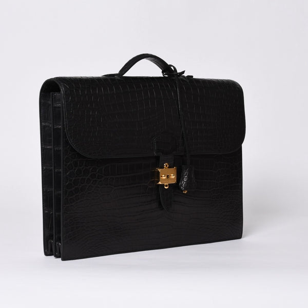 Like new HERMES Sac a Depeche 38 Briefcase Porosus Matte Black Gold hardware □R stamp Used 4a000993