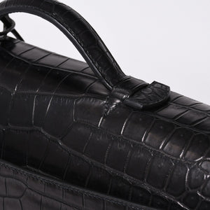Like new HERMES Sac a Depeche 38 Briefcase Porosus Matte Black Gold hardware □R stamp Used 4a000993