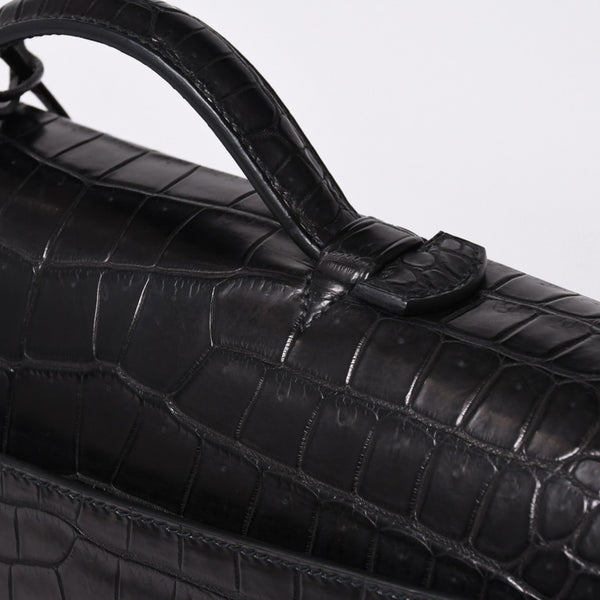 Like new HERMES Sac a Depeche 38 Briefcase Porosus Matte Black Gold hardware □R stamp Used 4a000993