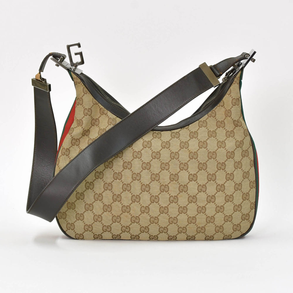 GUCCI グッチ ワンショルダーバッグ 002058 GGキャンバス レザー ベージュ グリーン レッド メタルブラック金具 良品 中古 4b007435