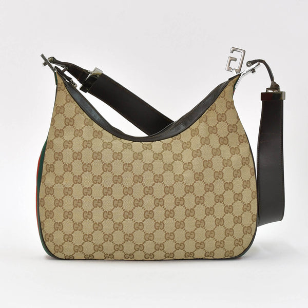 GUCCI グッチ ワンショルダーバッグ 002058 GGキャンバス レザー ベージュ グリーン レッド メタルブラック金具 良品 中古 4b014137