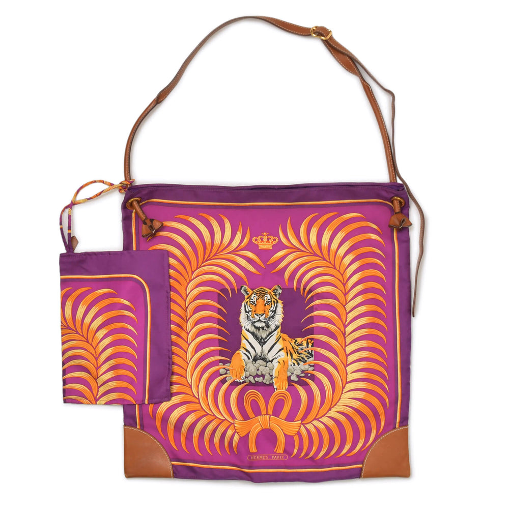 HERMES エルメス シルキーシティPM 王者の虎 TIGRE ROYAL ショルダーバッグ □L刻印 シルク レザー パープル ブラウン 美品 中古 4b009104