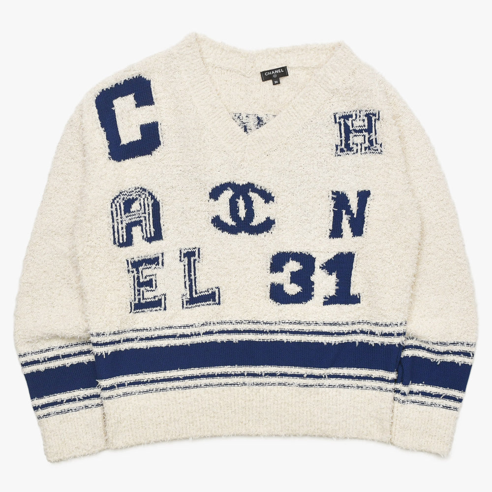 新品同様 CHANEL シャネル 19SS プルオーバー ニットセーター P60704K46380 サイズ36 ココマーク ブルー アイボリー 中古 4a004767