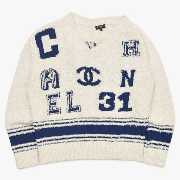 Like new CHANEL 19SS pullover knit sweater P60704K46380 Size 36 here mark blue ivory used 4a004767