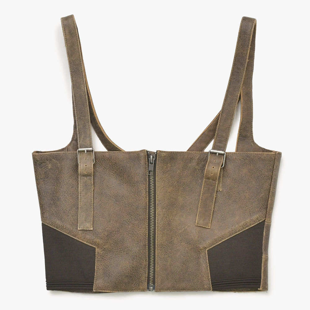 Jean Paul Gaultier ジャンポール ゴルチエ × ノウルズ レザービスチェ 23/14-F-TO089-L504-60 ブラウン レザー スタッズ 36サイズ 美品 中古 4a004781