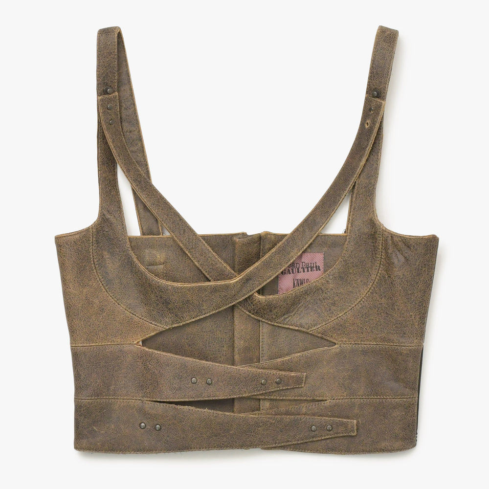 Jean Paul Gaultier ジャンポール ゴルチエ × ノウルズ レザービスチェ 23/14-F-TO089-L504-60 ブラウン レザー スタッズ 36サイズ 美品 中古 4a004781