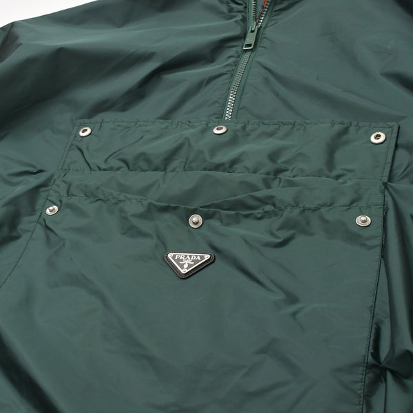 PRADA プラダ Re-Nylon フード付き ナイロンレインポンチョ SGB942 アノラック メタルロゴプレート グリーン Sサイズ ハーフジップ マッドグリーン金具 美品 中古 4a004807