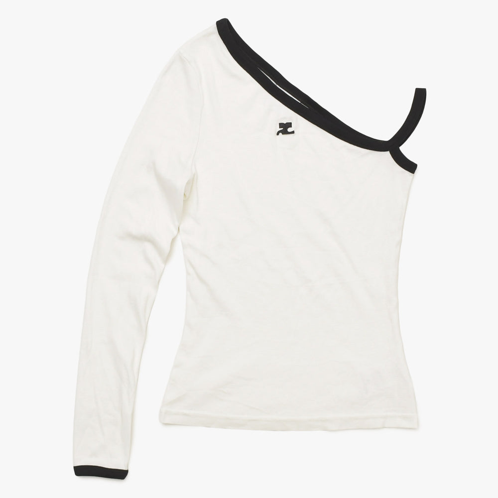 Very good condition COURREGES Asymmetric One Shoulder Tops 323JT0209JS0070 Long Sleeve T-shirt Brand Logo Embroidery White Black S Size Ladies Used 4a004941