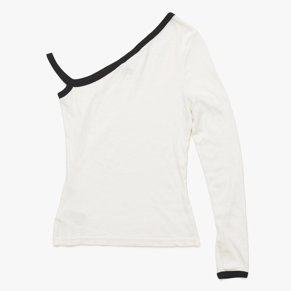 Very good condition COURREGES Asymmetric One Shoulder Tops 323JT0209JS0070 Long Sleeve T-shirt Brand Logo Embroidery White Black S Size Ladies Used 4a004941
