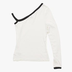極美品 COURREGES クレージュ アシンメトリー ワンショルダー トップス 323JT0209JS0070 長袖Tシャツ ブランドロゴ刺繍 ホワイト ブラック Sサイズ レディース 中古 4a004941