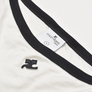 極美品 COURREGES クレージュ アシンメトリー ワンショルダー トップス 323JT0209JS0070 長袖Tシャツ ブランドロゴ刺繍 ホワイト ブラック Sサイズ レディース 中古 4a004941