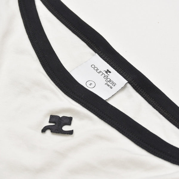 極美品 COURREGES クレージュ アシンメトリー ワンショルダー トップス 323JT0209JS0070 長袖Tシャツ ブランドロゴ刺繍 ホワイト ブラック Sサイズ レディース 中古 4a004941