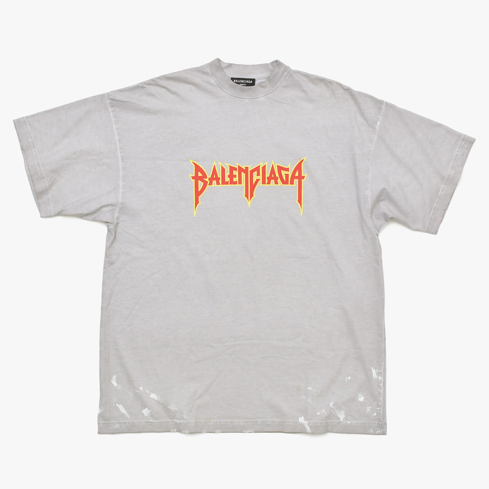 極美品 BALENCIAGA バレンシアガ Tシャツ メタルロゴ 694576 TMV88 ダメージ加工 ペイント サイズL グレー コットン中古 4a004943