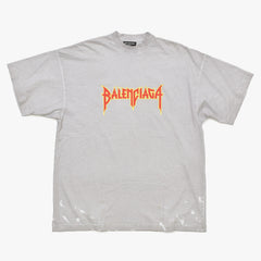 極美品 BALENCIAGA バレンシアガ Tシャツ メタルロゴ 694576 TMV88 ダメージ加工 ペイント サイズL グレー コットン中古 4a004943
