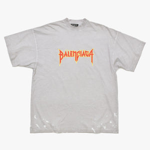 極美品 BALENCIAGA バレンシアガ Tシャツ メタルロゴ 694576 TMV88 ダメージ加工 ペイント サイズL グレー コットン中古 4a004943