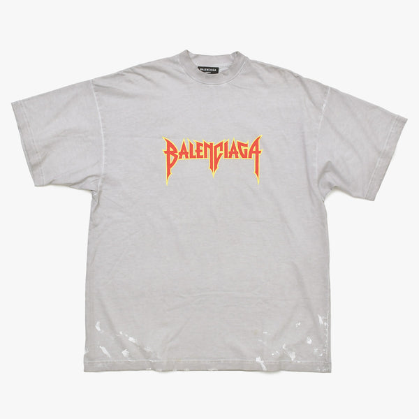 極美品 BALENCIAGA バレンシアガ Tシャツ メタルロゴ 694576 TMV88 ダメージ加工 ペイント サイズL グレー コットン中古 4a004943