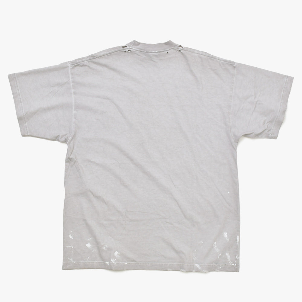 極美品 BALENCIAGA バレンシアガ Tシャツ メタルロゴ 694576 TMV88 ダメージ加工 ペイント サイズL グレー コットン中古 4a004943