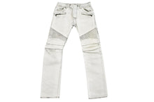 Load image into Gallery viewer, BALMAIN バルマン クラッシュバイカーデニムパンツ ダメージジーンズ T500 B383 サイズL コットン ホワイト シルバー 美品 中古49479