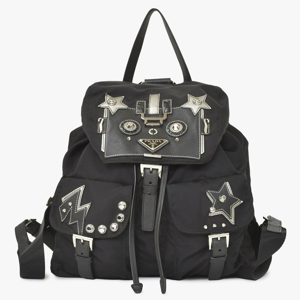 PRADA プラダ テスートナイロン ロボット リュックサック 1BZ811 サフィアーノレザー スタッズ メタルロゴプレート ブラック 美品 中古 1BZ811