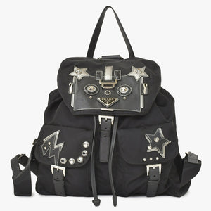 PRADA プラダ テスートナイロン ロボット リュックサック 1BZ811 サフィアーノレザー スタッズ メタルロゴプレート ブラック 美品 中古 1BZ811