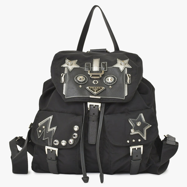 PRADA プラダ テスートナイロン ロボット リュックサック 1BZ811 サフィアーノレザー スタッズ メタルロゴプレート ブラック 美品 中古 1BZ811