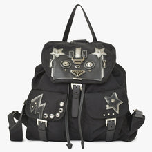 Load image into Gallery viewer, PRADA プラダ テスートナイロン ロボット バックパック リュックサック 1BZ811 サフィアーノレザー スタッズ メタリックパーツ メタルロゴプレート ブラック シルバー金具 美品 中古 1BZ811