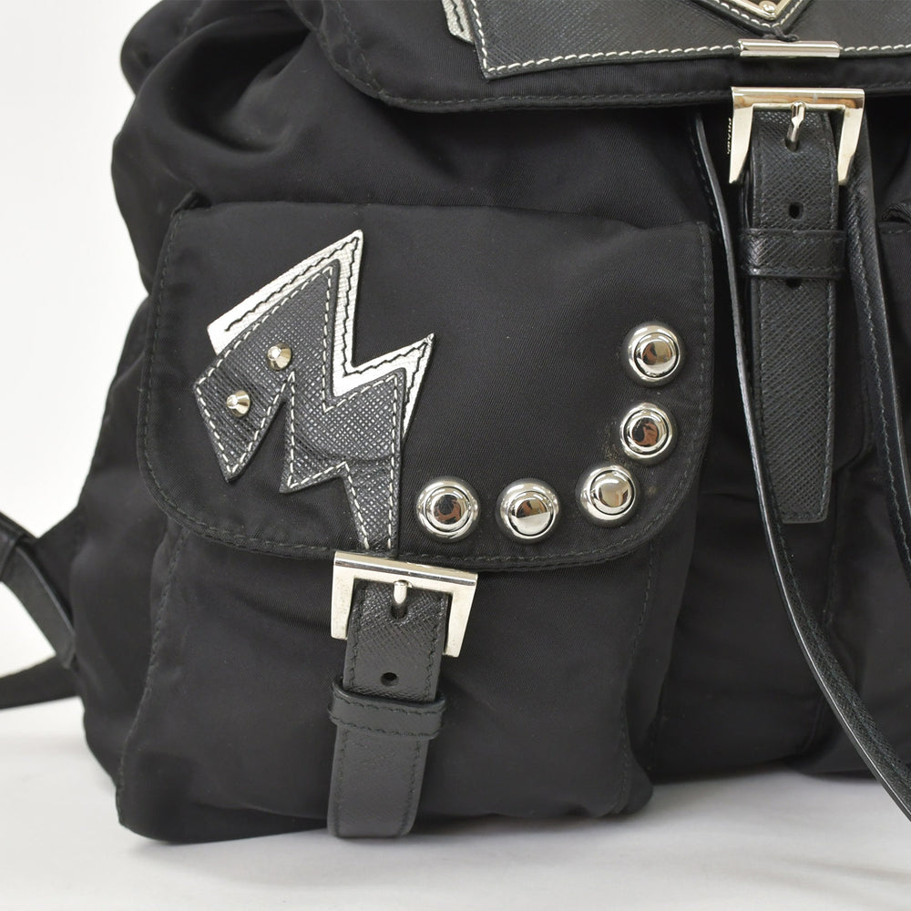 PRADA Tesuto Nylon Robot Rucksack 1BZ811 Saffiano Leather Studs Metal Logo Plate Black Good Condition Used 1BZ811