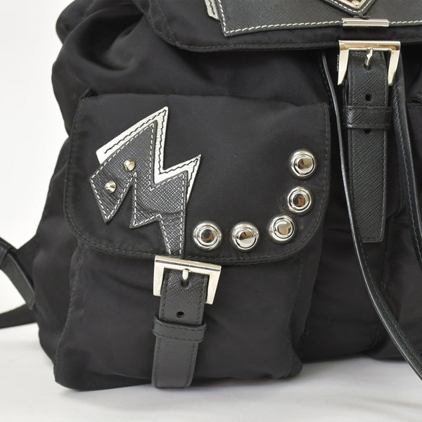 PRADA プラダ テスートナイロン ロボット リュックサック 1BZ811 サフィアーノレザー スタッズ メタルロゴプレート ブラック 美品 中古 1BZ811
